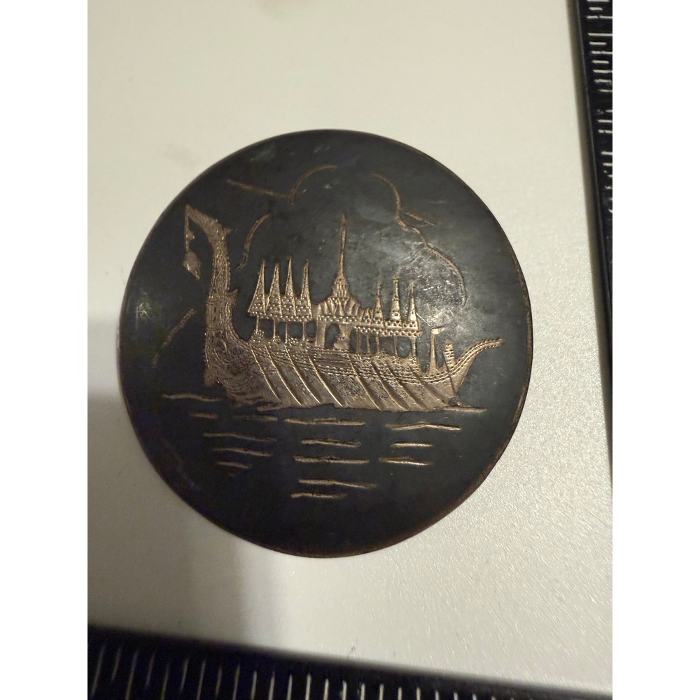 Vintage Siam Sterling Silver Niello Royal Barge Brooch‎ Pin Round Black Enamel
